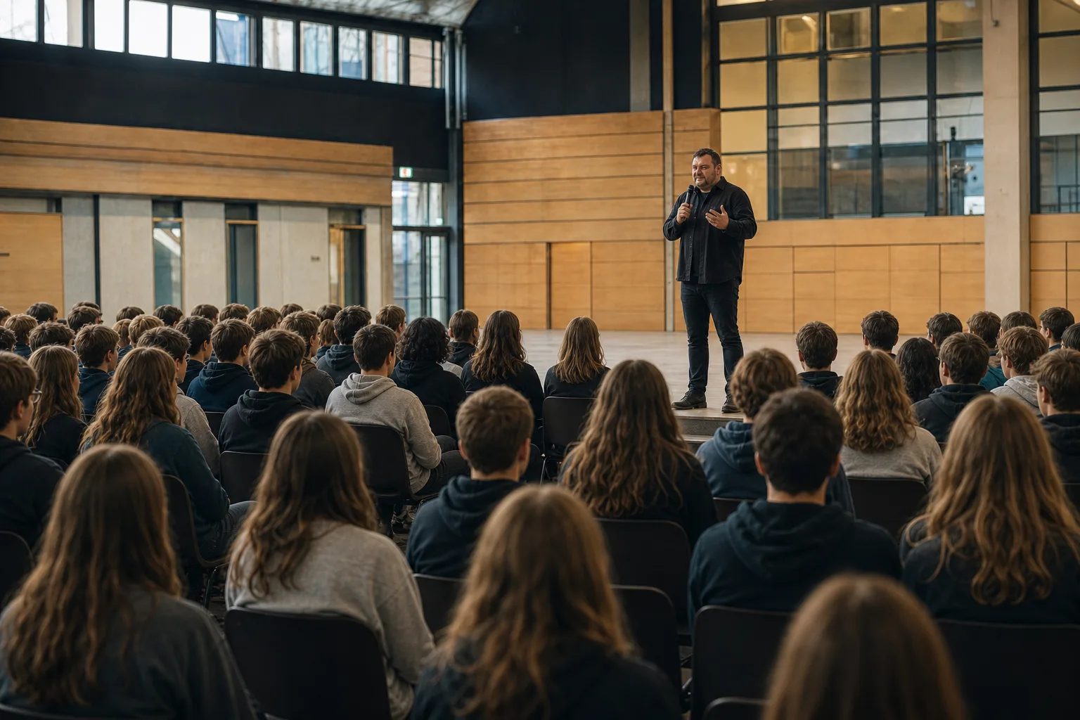 Manuel Bauer spricht vor einer großen Gruppe von Schülerinnen und Schülern